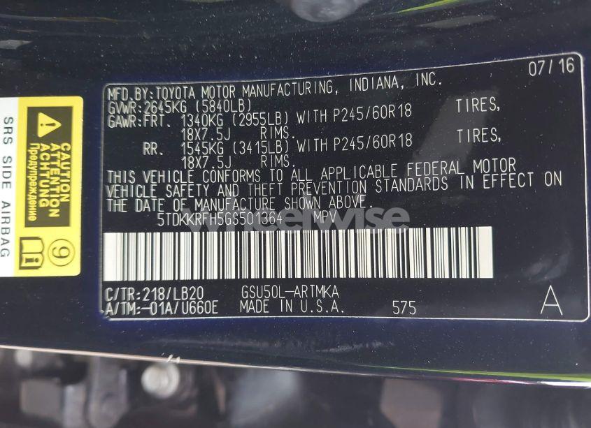 Photo 9 of 2016 Toyota Highlander XLE V6 (VIN 5TDKKRFH5GS501364)