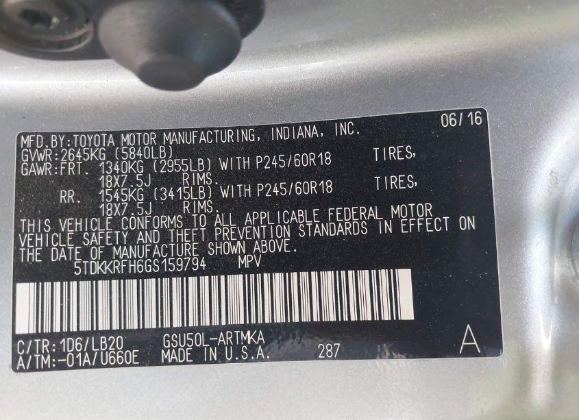 Photo 9 of 2016 Toyota Highlander XLE V6 (VIN 5TDKKRFH6GS159794)