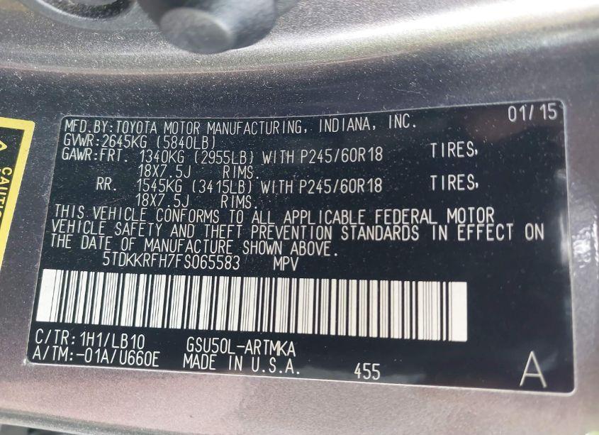 Photo 9 of 2015 Toyota Highlander XLE V6 (VIN 5TDKKRFH7FS065583)