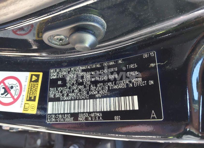 Photo 9 of 2015 Toyota Highlander XLE V6 (VIN 5TDKKRFH7FS104012)