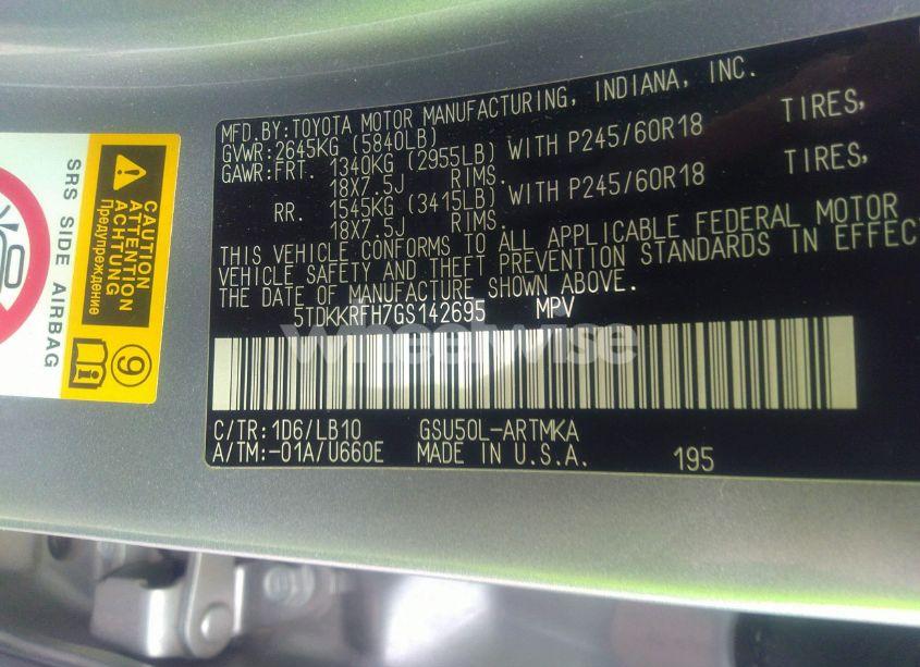 Photo 9 of 2016 Toyota Highlander XLE V6 (VIN 5TDKKRFH7GS142695)