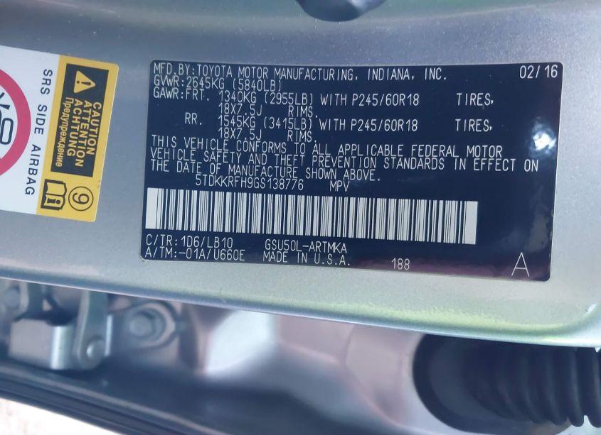 Photo 9 of 2016 Toyota Highlander XLE V6 (VIN 5TDKKRFH9GS138776)