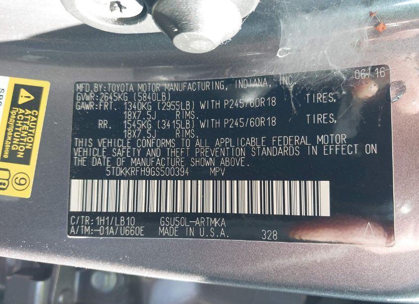 Photo 9 of 2016 Toyota Highlander XLE V6 (VIN 5TDKKRFH9GS500394)