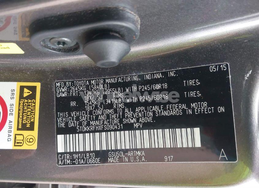 Photo 9 of 2015 Toyota Highlander XLE V6 (VIN 5TDKKRFHXFS090431)