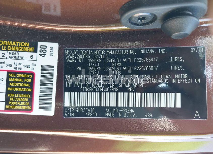 Photo 9 of 2021 Toyota Sienna LE (VIN 5TDKRKEC0MS062918)