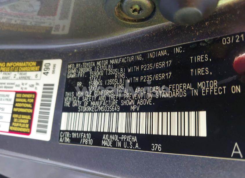 Photo 9 of 2021 Toyota Sienna LE (VIN 5TDKRKEC7MS035649)