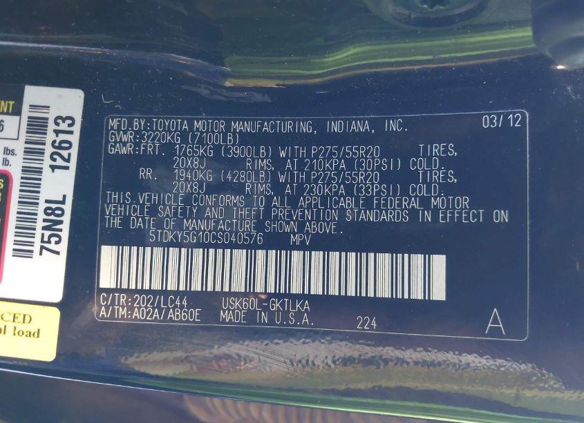 Photo 9 of 2012 Toyota Sequoia LIMITED 5.7L V8 (VIN 5TDKY5G10CS040576)