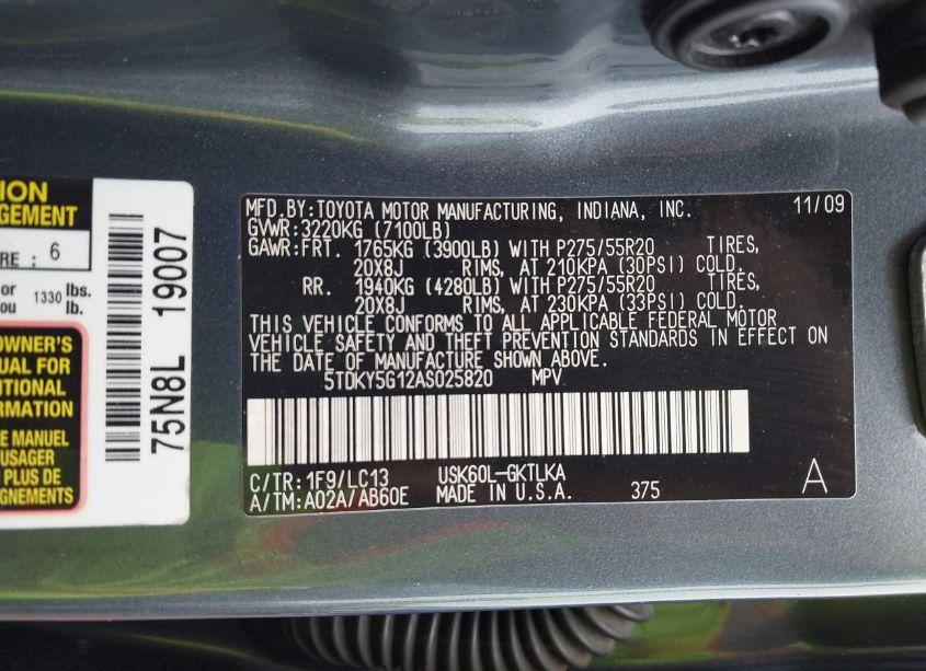 Photo 9 of 2010 Toyota Sequoia LIMITED 5.7L V8 (VIN 5TDKY5G12AS025820)