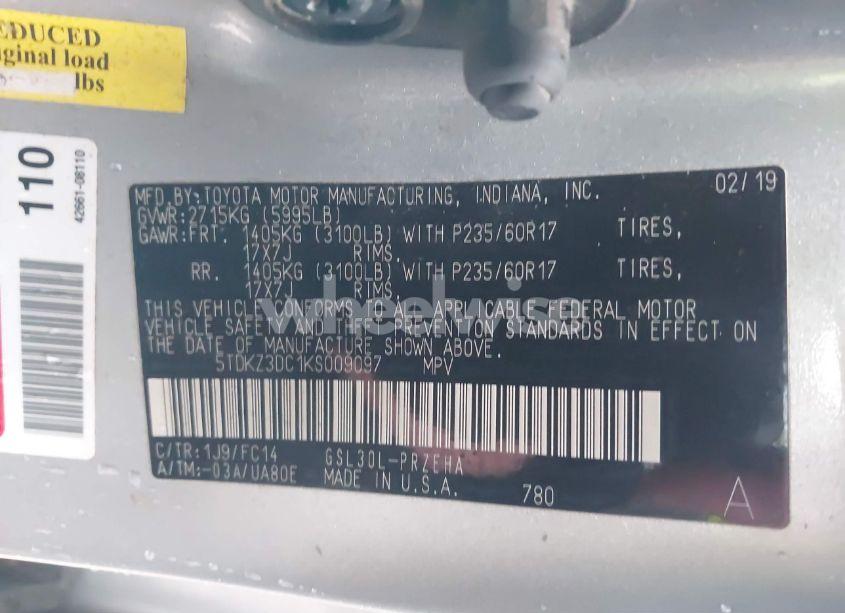 Photo 9 of 2019 Toyota Sienna LE 8 PASSENGER (VIN 5TDKZ3DC1KS009097)