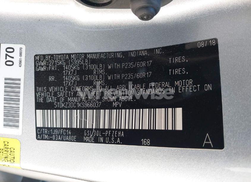 Photo 9 of 2019 Toyota Sienna LE 7 PASSENGER (VIN 5TDKZ3DC1KS966037)