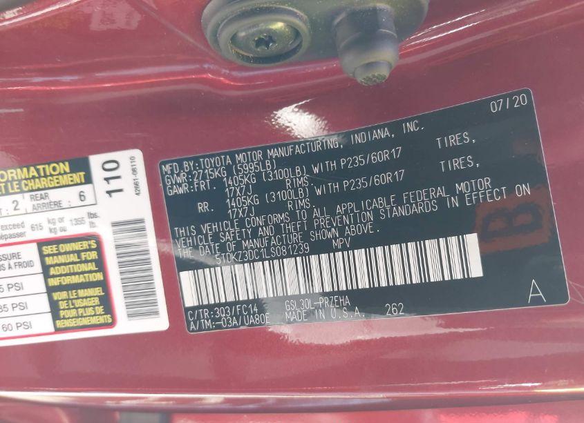 Photo 9 of 2020 Toyota Sienna LE (VIN 5TDKZ3DC1LS081239)