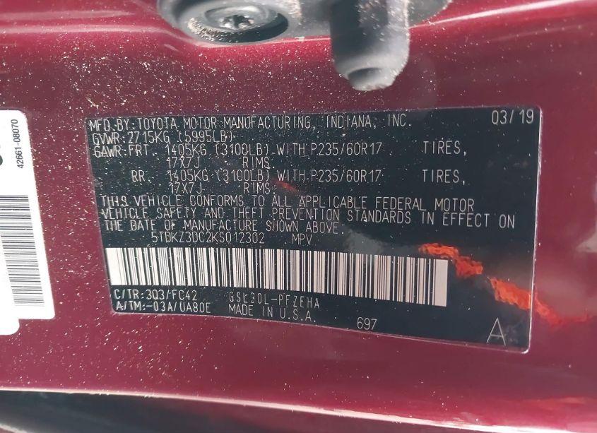 Photo 9 of 2019 Toyota Sienna LE 7 PASSENGER (VIN 5TDKZ3DC2KS012302)