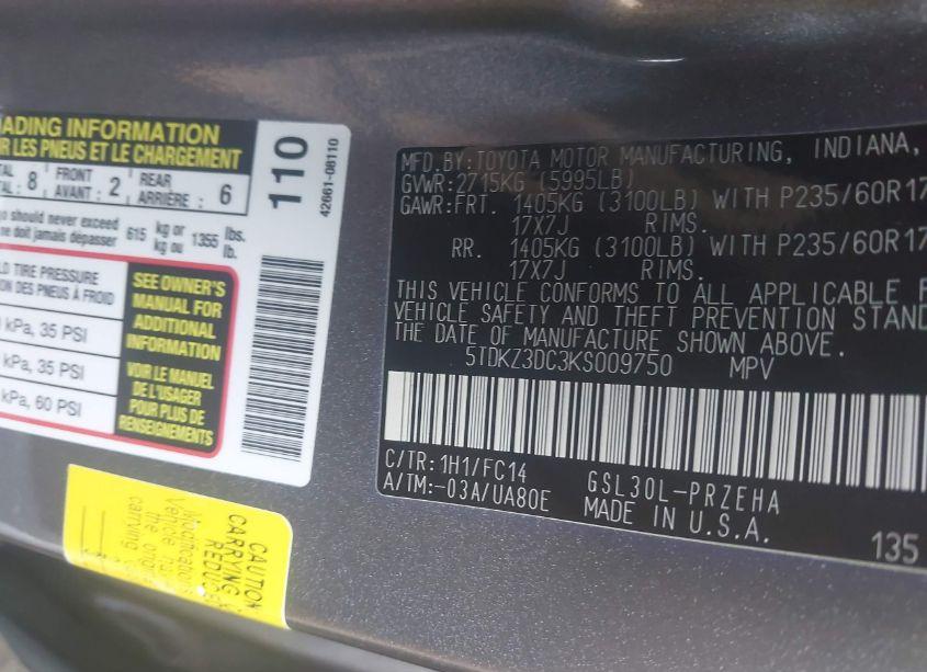 Photo 9 of 2019 Toyota Sienna LE 8 PASSENGER (VIN 5TDKZ3DC3KS009750)