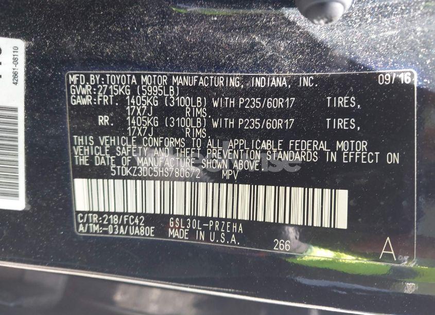 Photo 9 of 2017 Toyota Sienna LE 8 PASSENGER (VIN 5TDKZ3DC5HS780672)