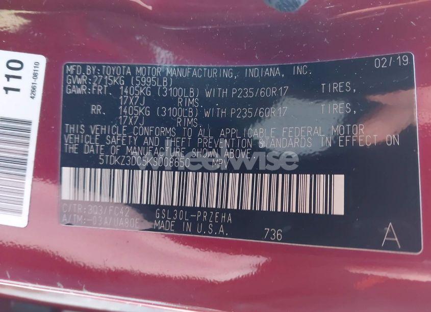 Photo 9 of 2019 Toyota Sienna LE 8 PASSENGER (VIN 5TDKZ3DC5KS008650)