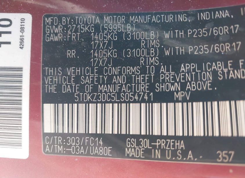 Photo 9 of 2020 Toyota Sienna LE (VIN 5TDKZ3DC5LS054741)