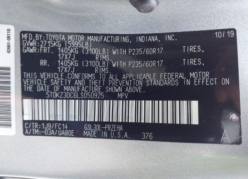 Photo 9 of 2020 Toyota Sienna LE (VIN 5TDKZ3DC6LS050925)