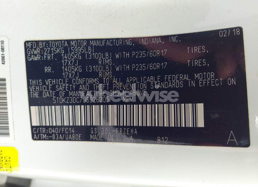 Photo 9 of 2018 Toyota Sienna LE 8 PASSENGER (VIN 5TDKZ3DC7JS926205)