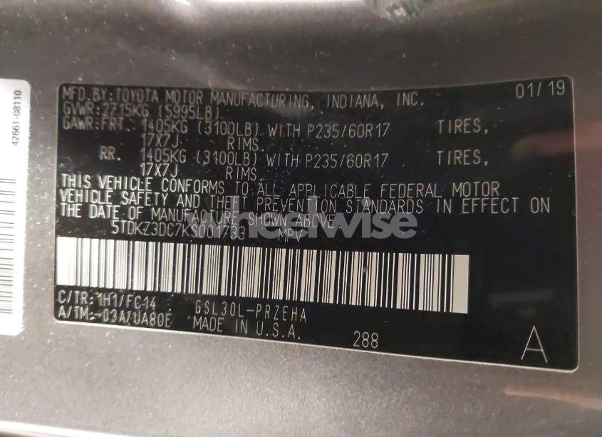 Photo 9 of 2019 Toyota Sienna LE 8 PASSENGER (VIN 5TDKZ3DC7KS001733)