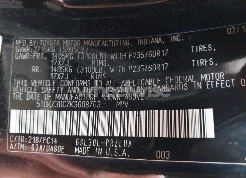 Photo 9 of 2019 Toyota Sienna LE 7 PASSENGER/LE 8 PASSENGER (VIN 5TDKZ3DC7KS008763)