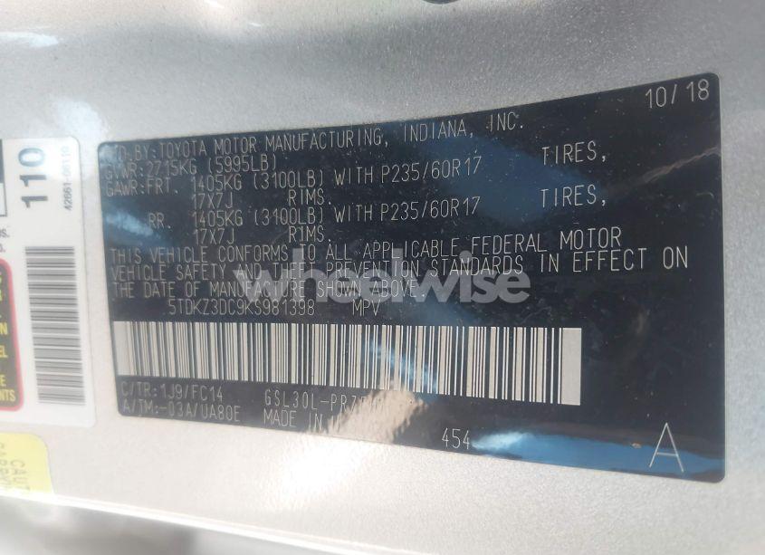 Photo 9 of 2019 Toyota Sienna LE 8 PASSENGER (VIN 5TDKZ3DC9KS981398)