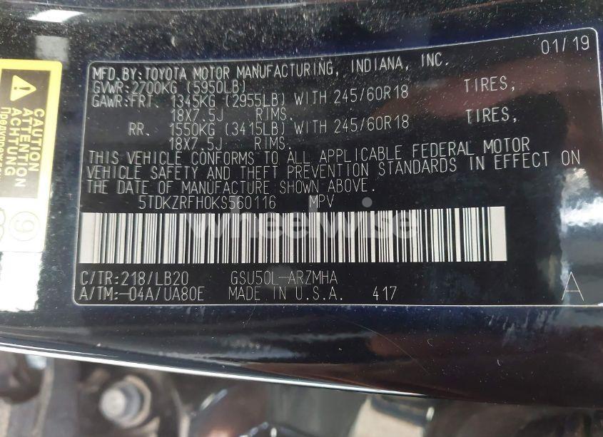 Photo 9 of 2019 Toyota Highlander XLE (VIN 5TDKZRFH0KS560116)