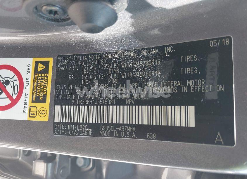 Photo 9 of 2018 Toyota Highlander XLE (VIN 5TDKZRFH1JS545381)