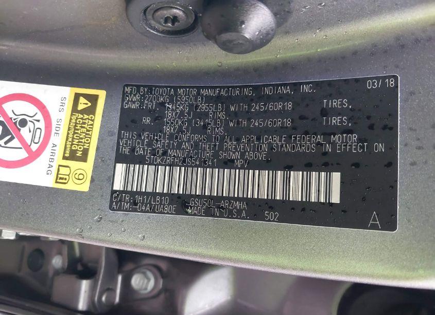 Photo 9 of 2018 Toyota Highlander XLE (VIN 5TDKZRFH2JS541341)