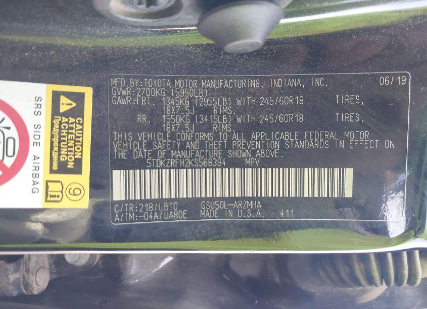 Photo 9 of 2019 Toyota Highlander XLE (VIN 5TDKZRFH2KS568394)