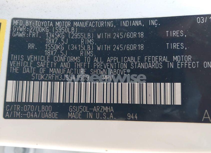 Photo 9 of 2018 Toyota Highlander XLE (VIN 5TDKZRFH3JS541509)