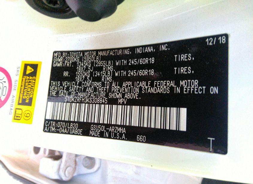 Photo 9 of 2019 Toyota Highlander XLE (VIN 5TDKZRFH3KS308845)