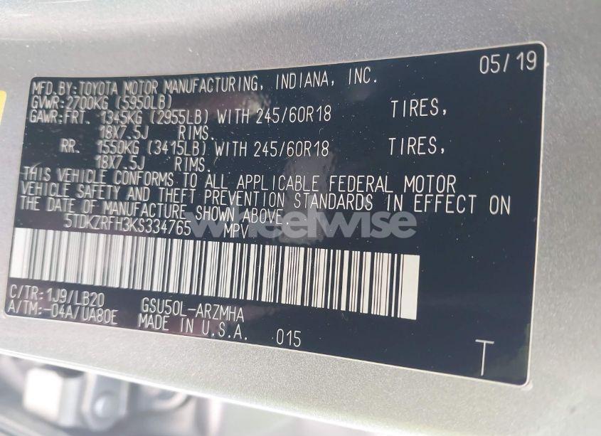 Photo 9 of 2019 Toyota Highlander XLE (VIN 5TDKZRFH3KS334765)