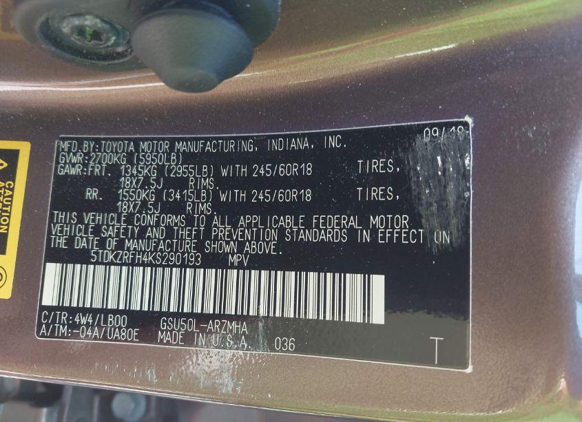 Photo 9 of 2019 Toyota Highlander XLE (VIN 5TDKZRFH4KS290193)