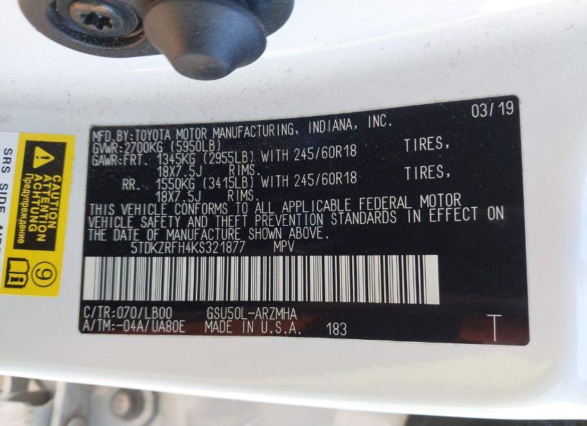 Photo 9 of 2019 Toyota Highlander XLE (VIN 5TDKZRFH4KS321877)