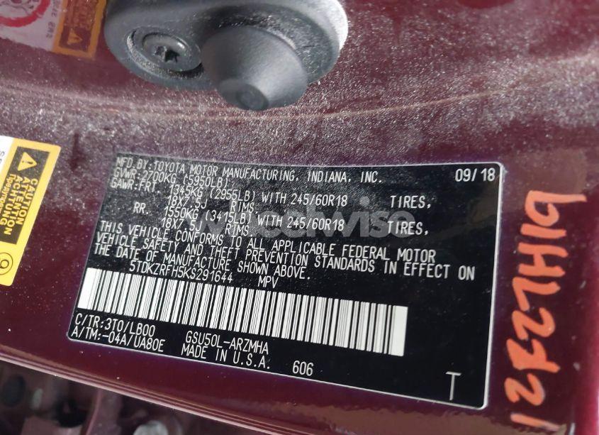 Photo 9 of 2019 Toyota Highlander XLE (VIN 5TDKZRFH5KS291644)