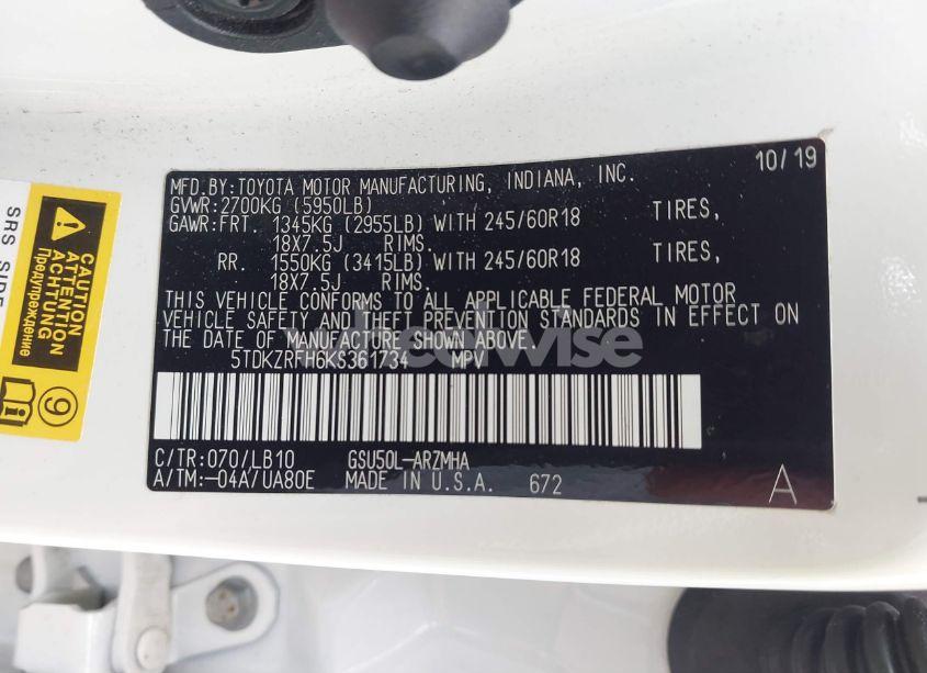 Photo 9 of 2019 Toyota Highlander XLE (VIN 5TDKZRFH6KS361734)