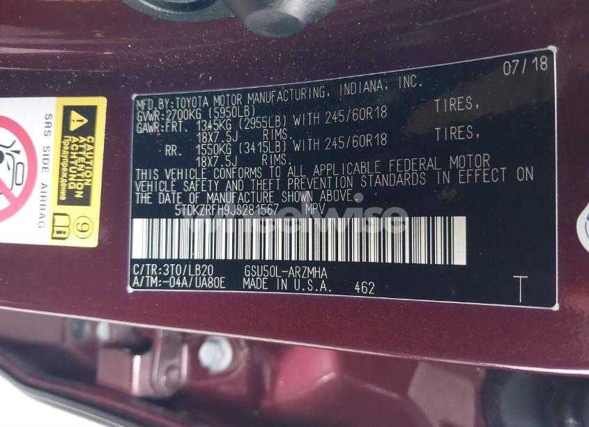 Photo 9 of 2018 Toyota Highlander XLE (VIN 5TDKZRFH9JS281567)