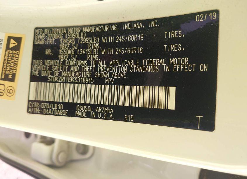 Photo 9 of 2019 Toyota Highlander XLE (VIN 5TDKZRFH9KS318845)