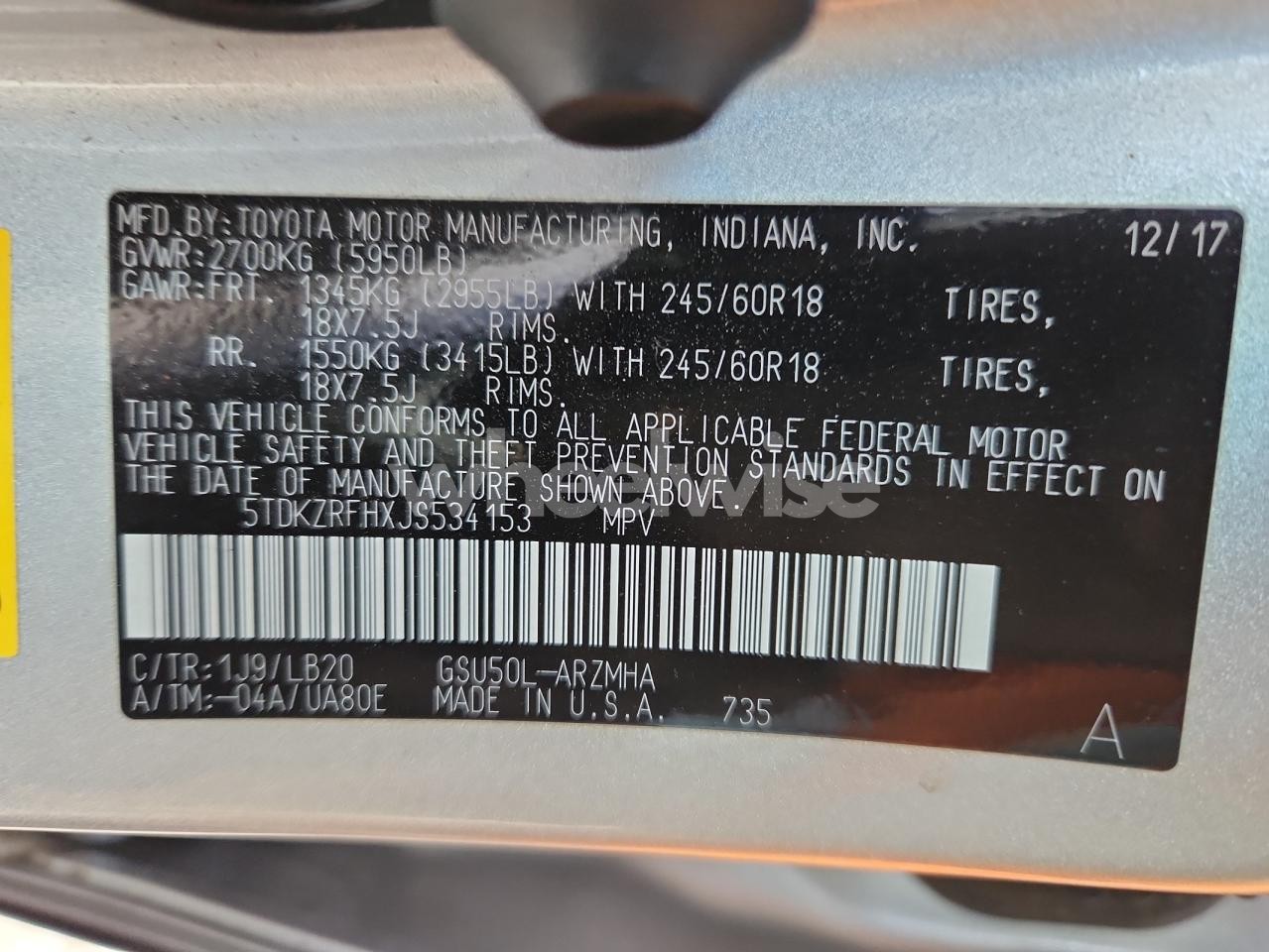 Photo 13 of 2018 TOYOTA HIGHLANDER SE (VIN 5TDKZRFHXJS534153)