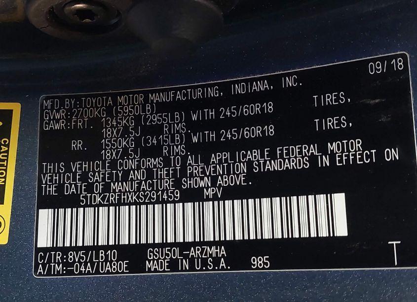 Photo 9 of 2019 Toyota Highlander XLE (VIN 5TDKZRFHXKS291459)