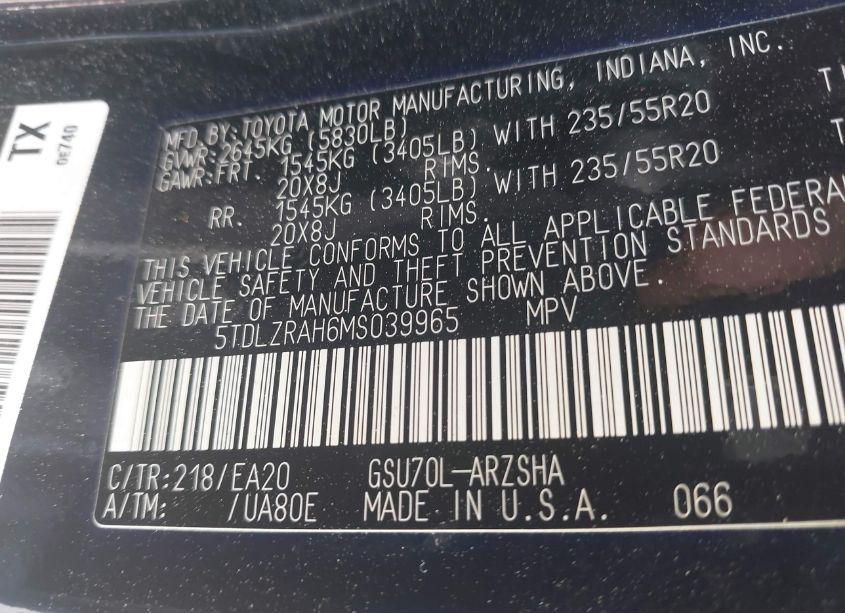 Photo 9 of 2021 Toyota Highlander XSE (VIN 5TDLZRAH6MS039965)