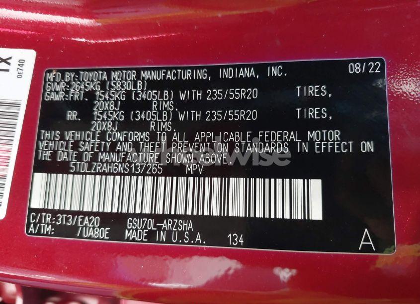 Photo 9 of 2022 Toyota Highlander XSE (VIN 5TDLZRAH6NS137265)