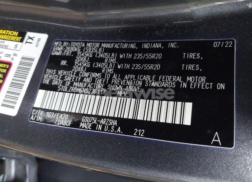 Photo 9 of 2022 Toyota Highlander XSE (VIN 5TDLZRBH6NS236117)