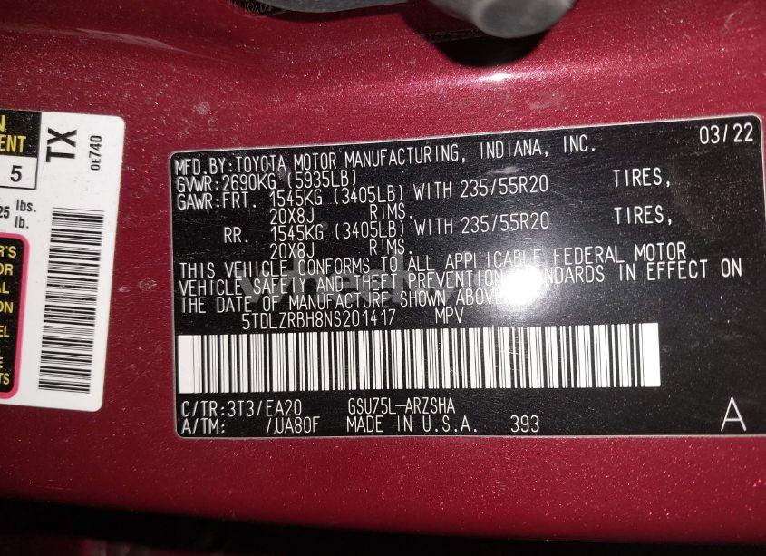 Photo 9 of 2022 Toyota Highlander XSE (VIN 5TDLZRBH8NS201417)