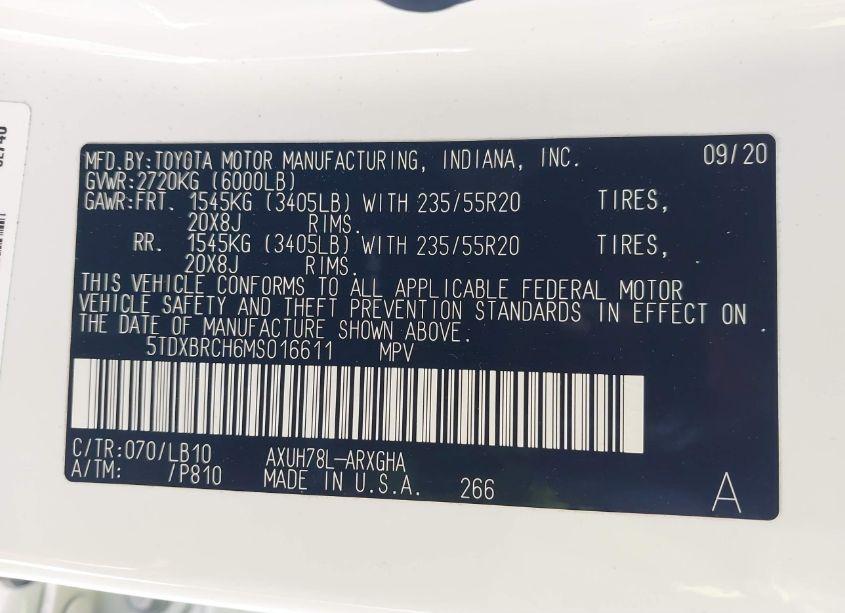 Photo 9 of 2021 Toyota Highlander HYBRID LIMITED (VIN 5TDXBRCH6MS016611)