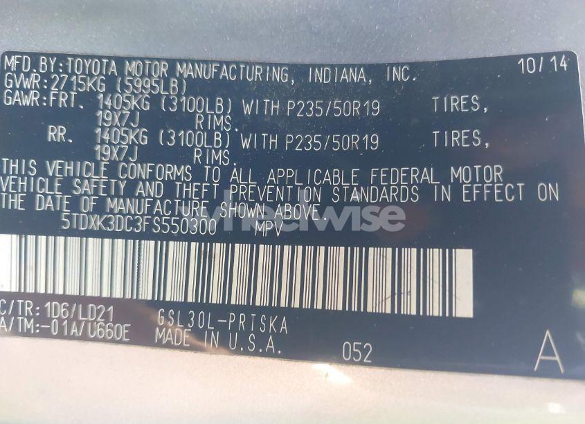 Photo 9 of 2015 Toyota Sienna SE PREMIUM 8 PASSENGER (VIN 5TDXK3DC3FS550300)