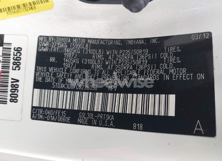 Photo 9 of 2012 Toyota Sienna SE 8 PASSENGER (VIN 5TDXK3DC7CS238038)