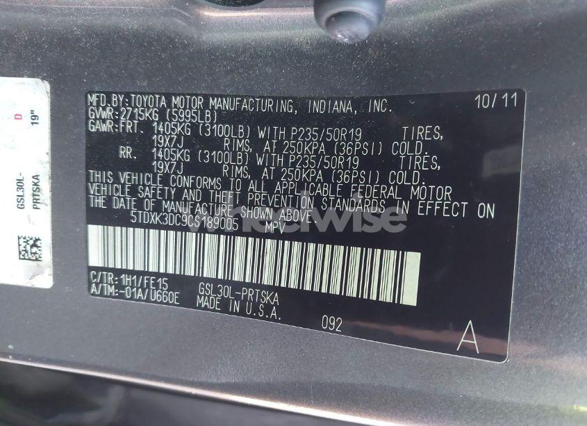 Photo 9 of 2012 Toyota Sienna SE 8 PASSENGER (VIN 5TDXK3DC9CS189005)