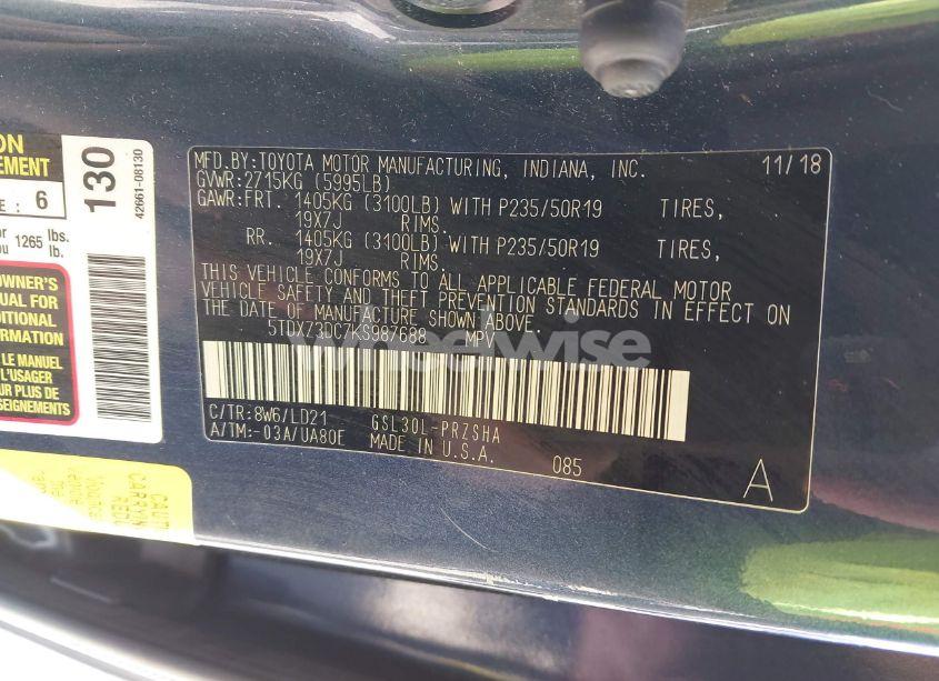 Photo 9 of 2019 Toyota Sienna SE PREMIUM 8 PASSENGER (VIN 5TDXZ3DC7KS987688)