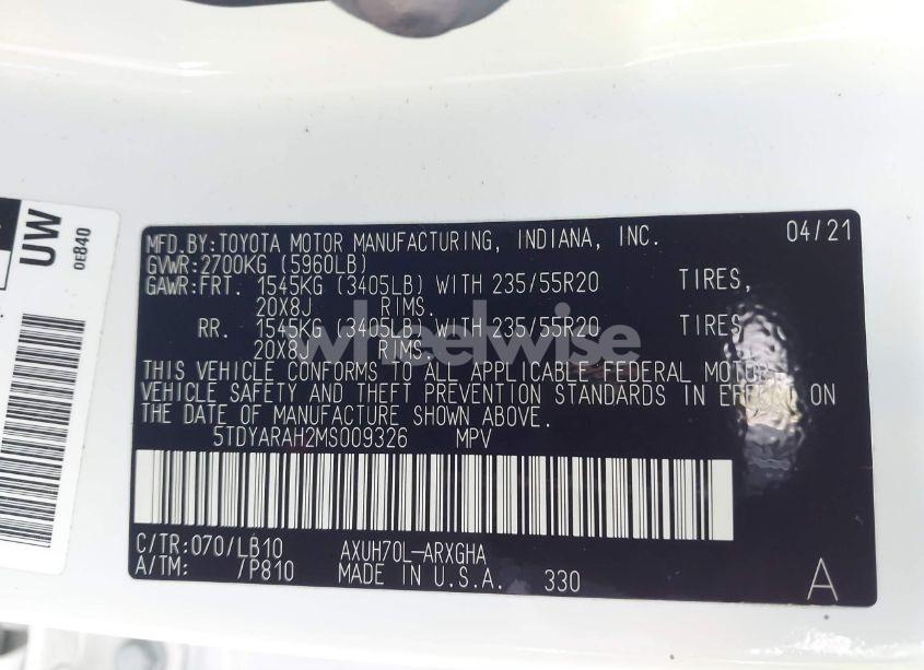 Photo 9 of 2021 Toyota Highlander HYBRID LIMITED (VIN 5TDYARAH2MS009326)